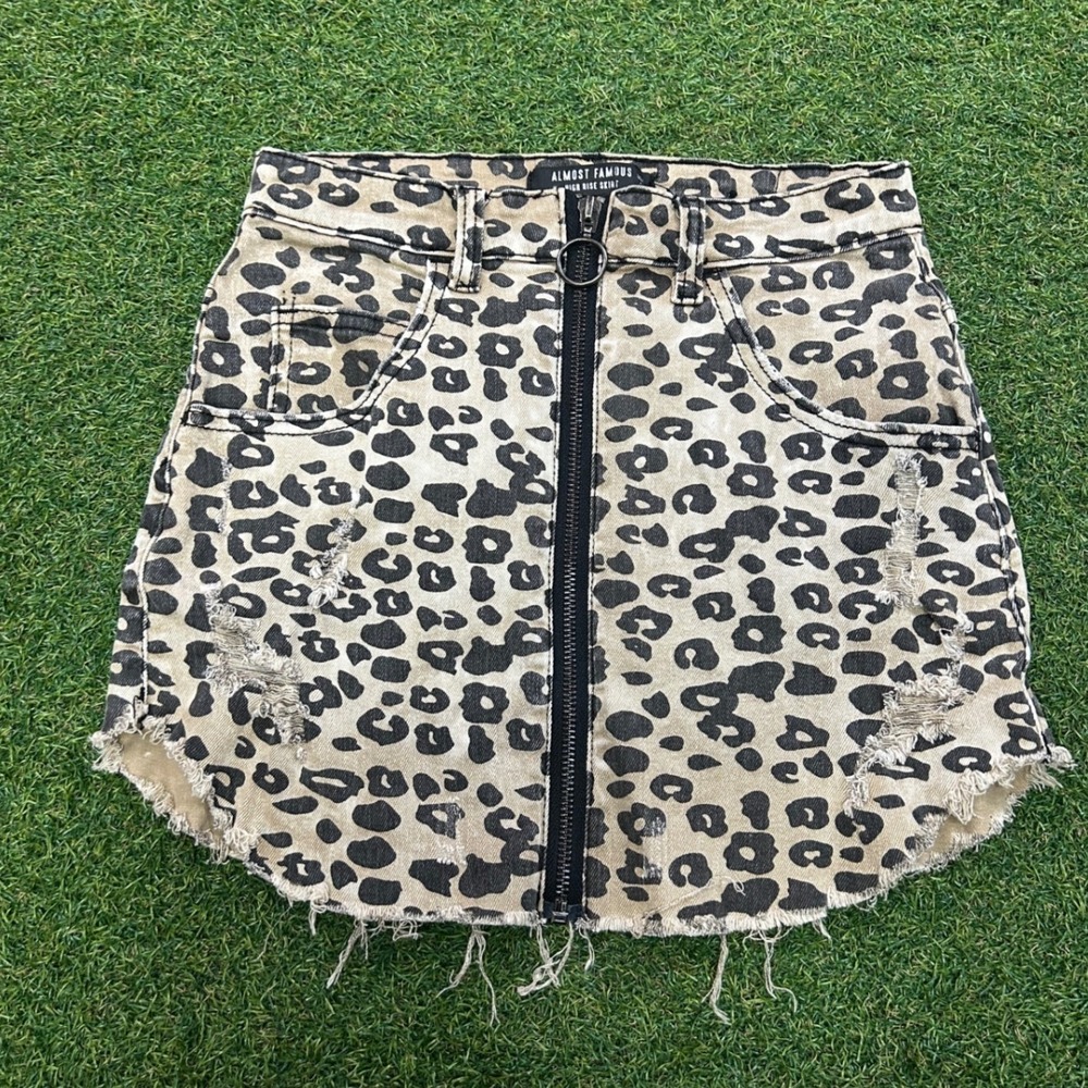 Almost Famous Leopard Print Distressed Denim Mini Skirt High Rise Tan Black 9